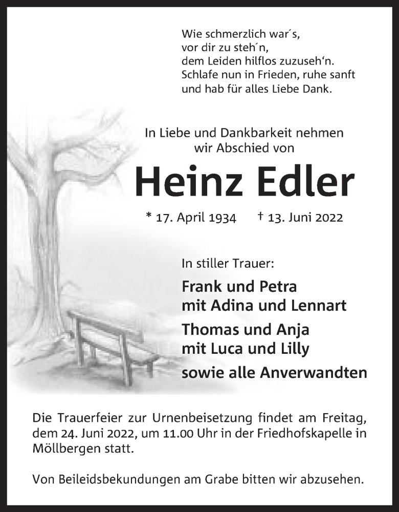  Traueranzeige für Heinz Edler vom 18.06.2022 aus Mindener Tageblatt