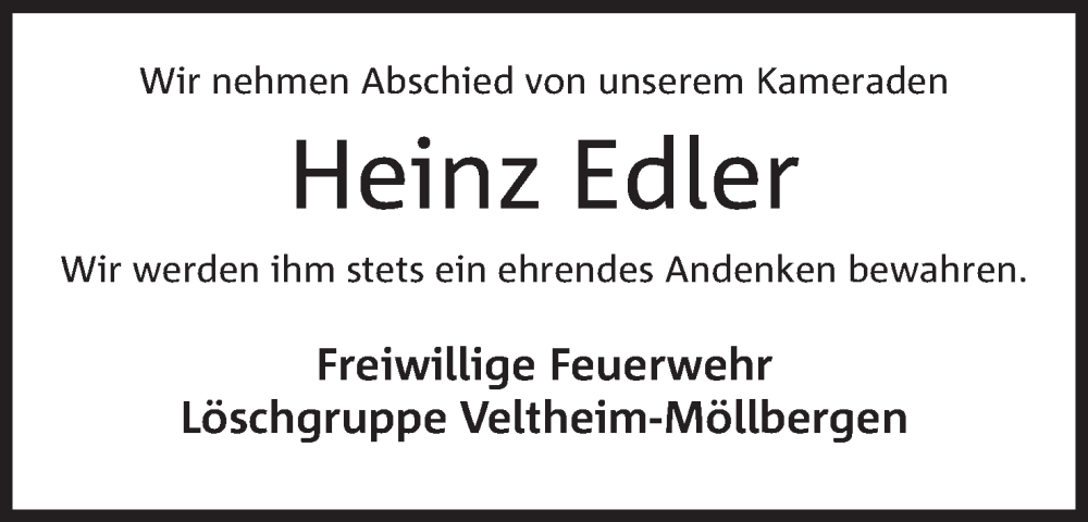  Traueranzeige für Heinz Edler vom 18.06.2022 aus Mindener Tageblatt