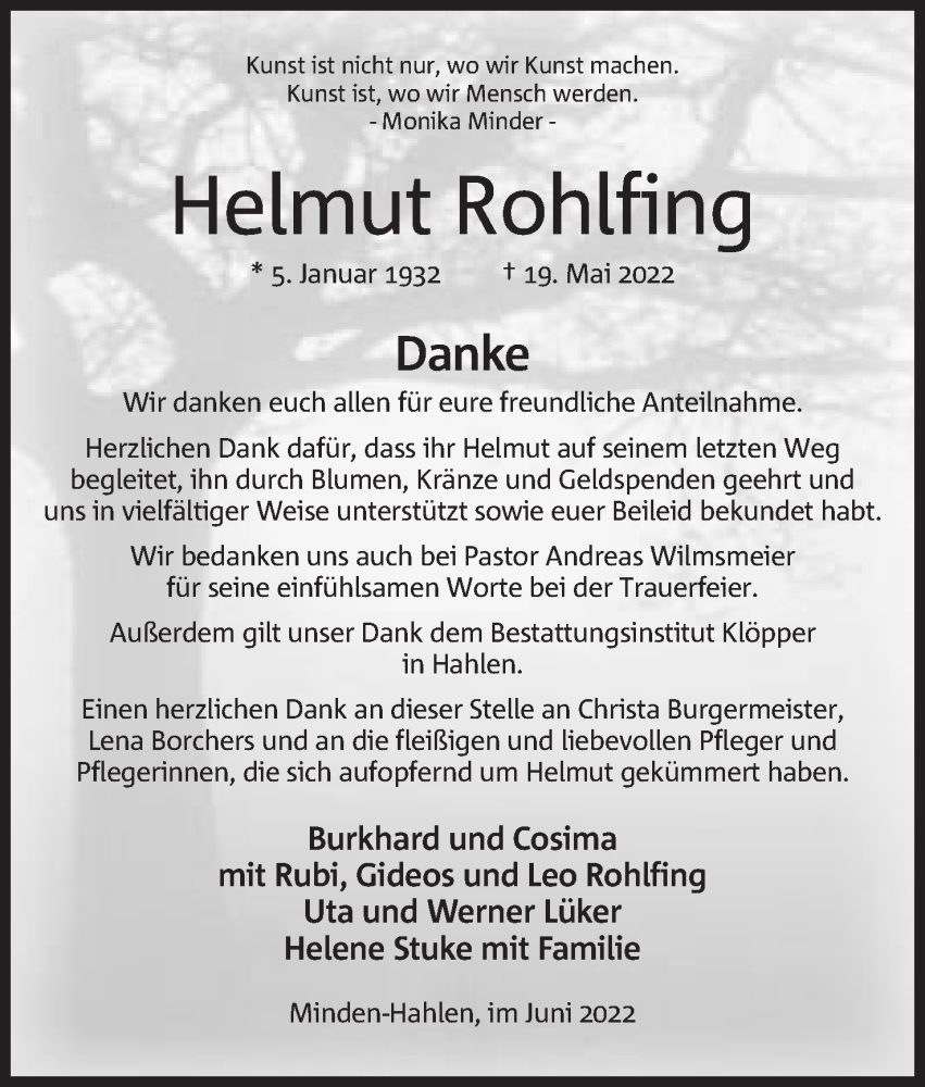  Traueranzeige für Helmut Rohlfing vom 18.06.2022 aus Mindener Tageblatt