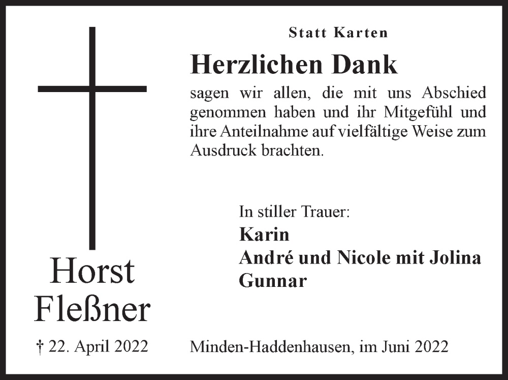  Traueranzeige für Horst Fleßner vom 11.06.2022 aus Mindener Tageblatt