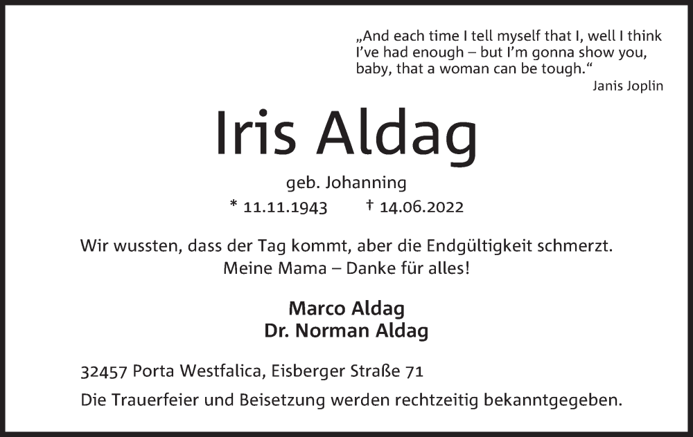  Traueranzeige für Iris Aldag vom 18.06.2022 aus Mindener Tageblatt