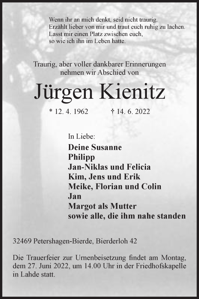  Traueranzeige für Jürgen Kienitz vom 18.06.2022 aus Mindener Tageblatt