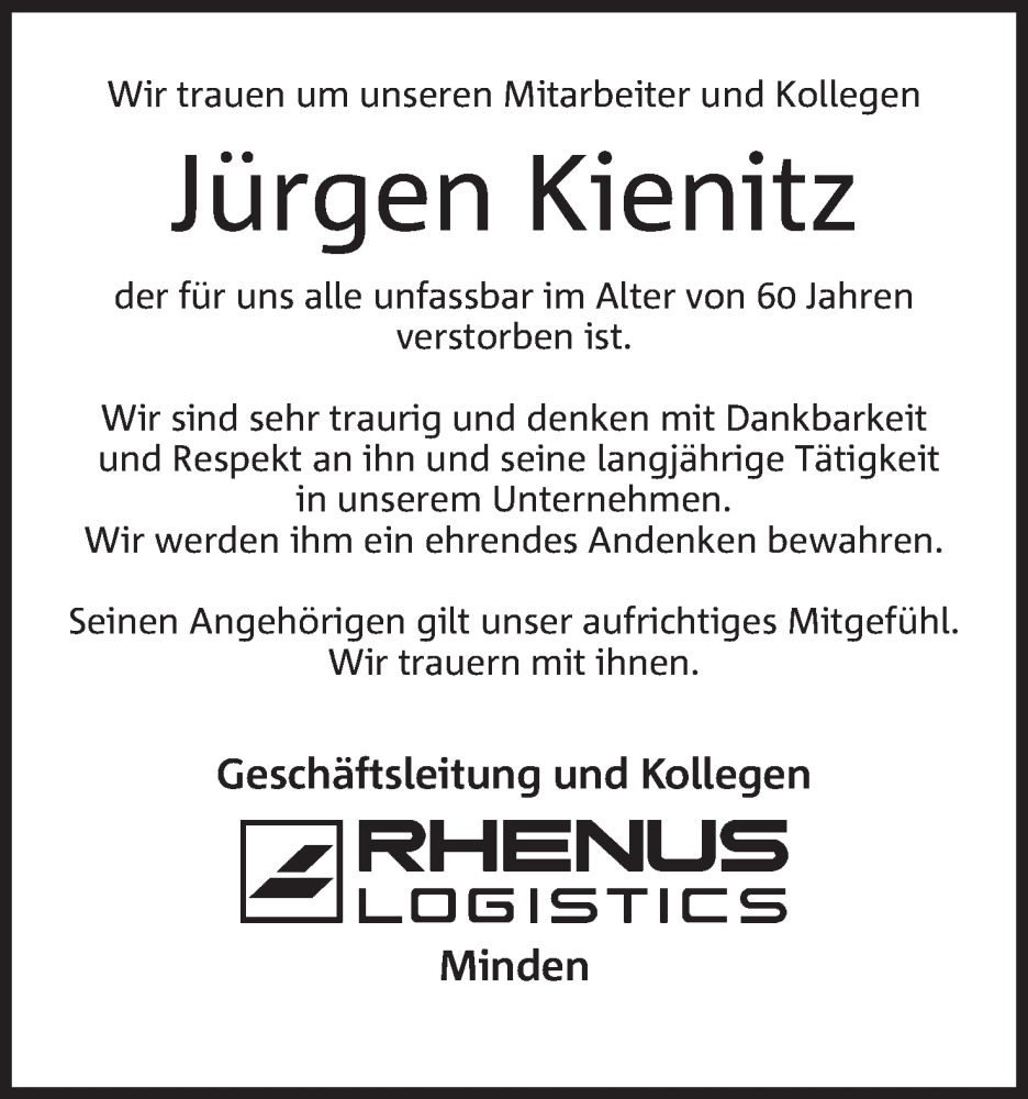 Traueranzeige für Jürgen Kienitz vom 25.06.2022 aus Mindener Tageblatt