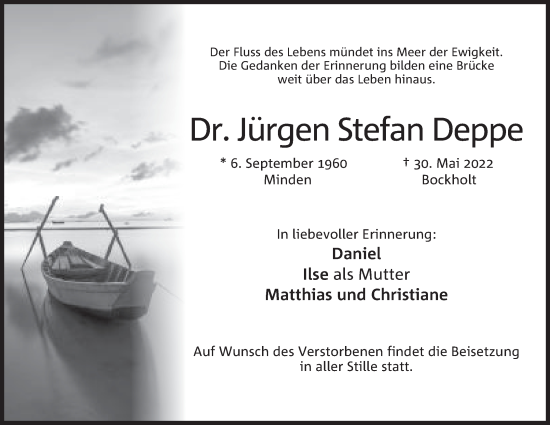Anzeige von Jürgen Stefan Deppe von Mindener Tageblatt