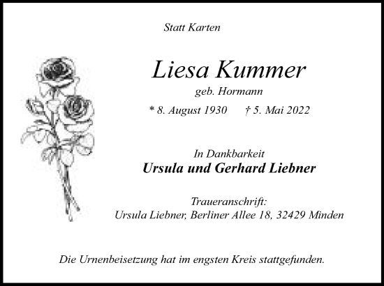 Anzeige von Liesa Kummer von Mindener Tageblatt