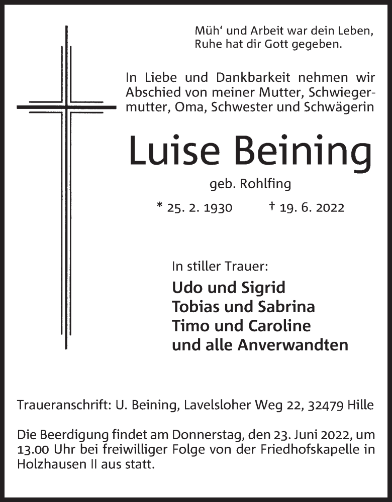  Traueranzeige für Luise Beining vom 21.06.2022 aus Mindener Tageblatt
