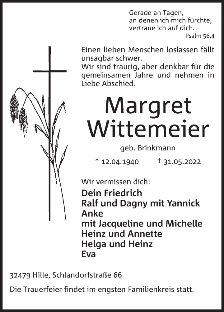  Traueranzeige für Margret Wittemeier vom 11.06.2022 aus Mindener Tageblatt