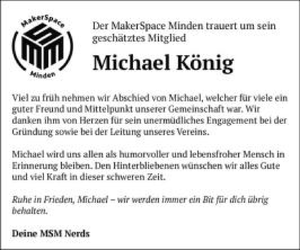  Traueranzeige für Michael König vom 25.06.2022 aus Mindener Tageblatt