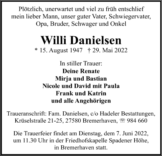 Anzeige von Willi Danielsen von Mindener Tageblatt