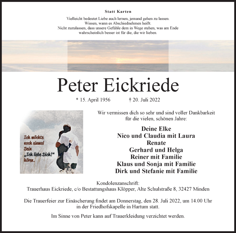  Traueranzeige für Peter Eickriede vom 23.07.2022 aus MINDENER TAGEBLATT