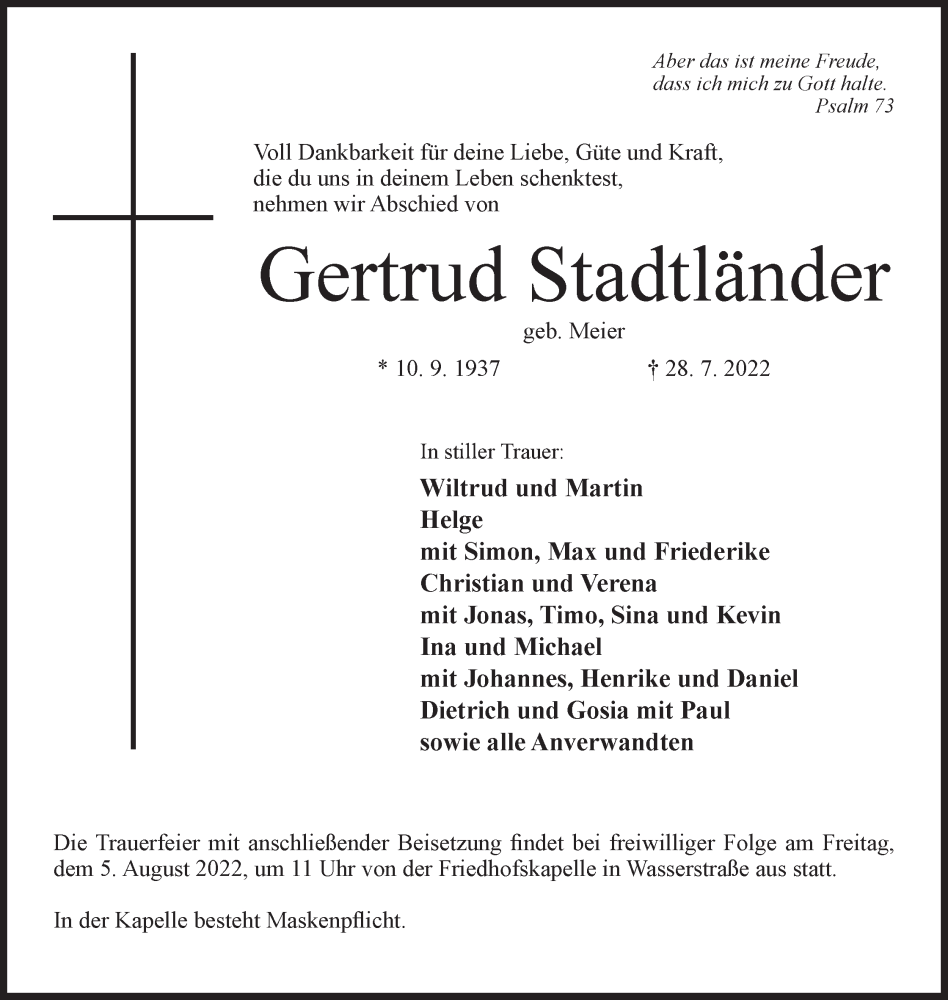  Traueranzeige für Gertrud Stadtländer vom 30.07.2022 aus Mindener Tageblatt