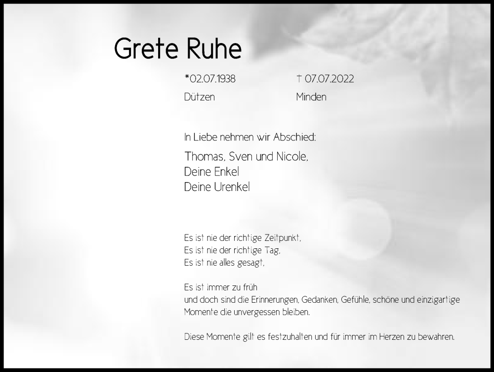  Traueranzeige für Grete Ruhe vom 13.07.2022 aus Mindener Tageblatt