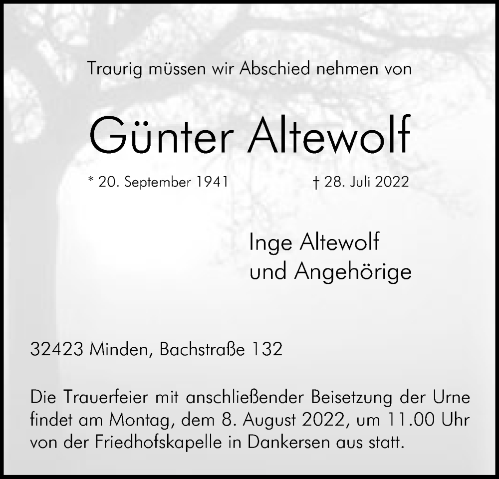  Traueranzeige für Günter Altewolf vom 30.07.2022 aus Mindener Tageblatt