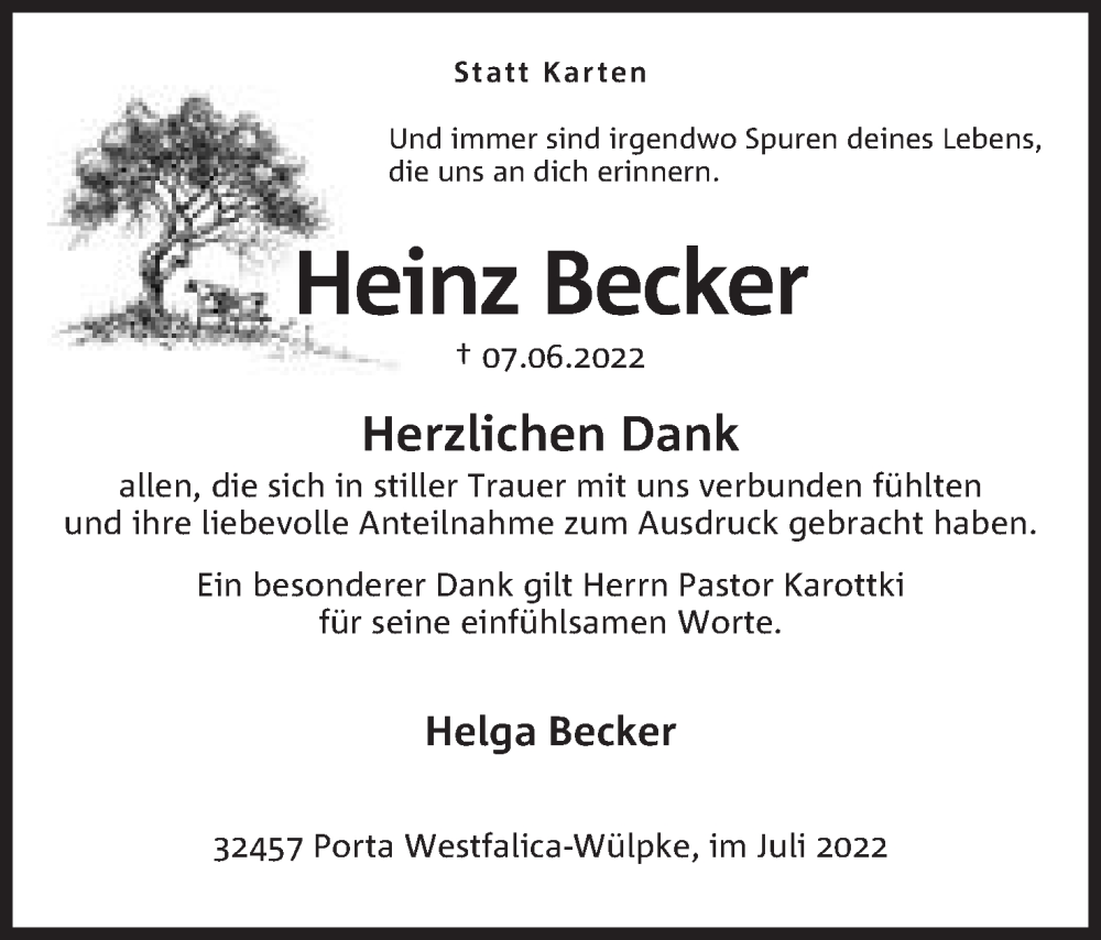  Traueranzeige für Heinz Becker vom 02.07.2022 aus Mindener Tageblatt