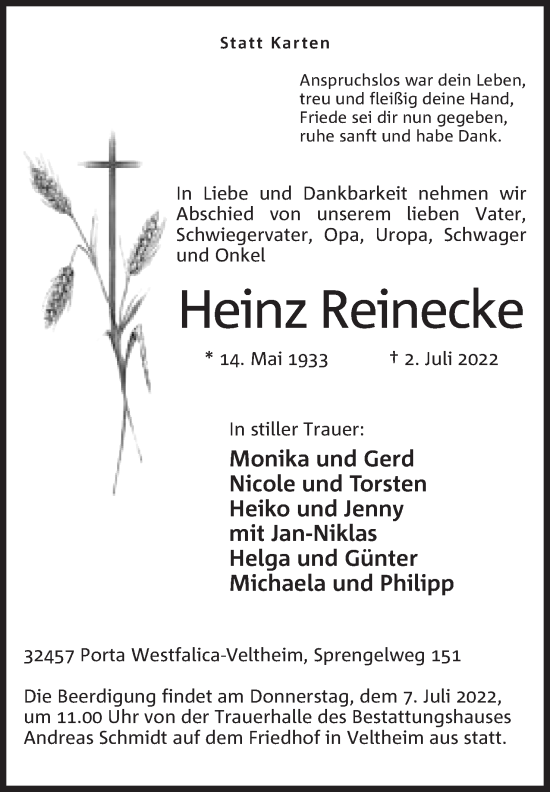 Anzeige von Heinz Reinecke von Mindener Tageblatt