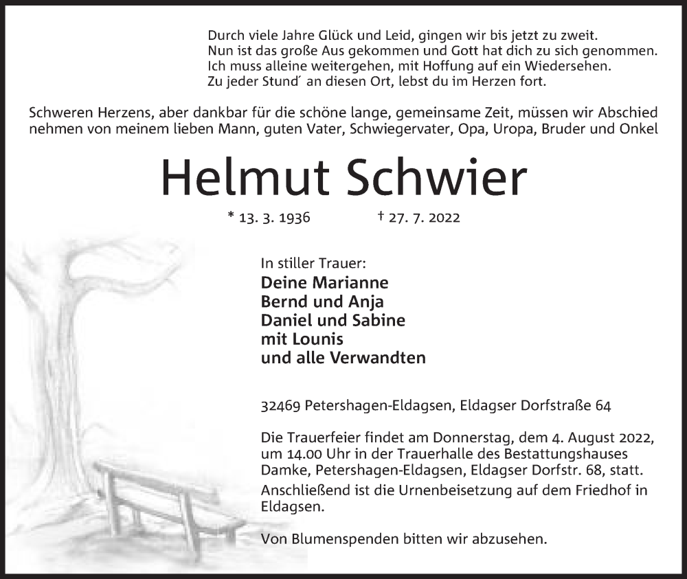  Traueranzeige für Helmut Schwier vom 30.07.2022 aus Mindener Tageblatt