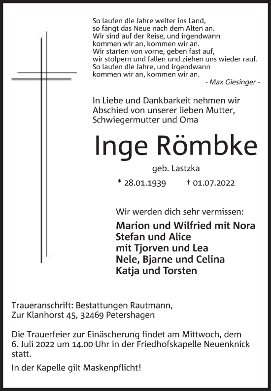 Anzeige von Inge Römbke von Mindener Tageblatt