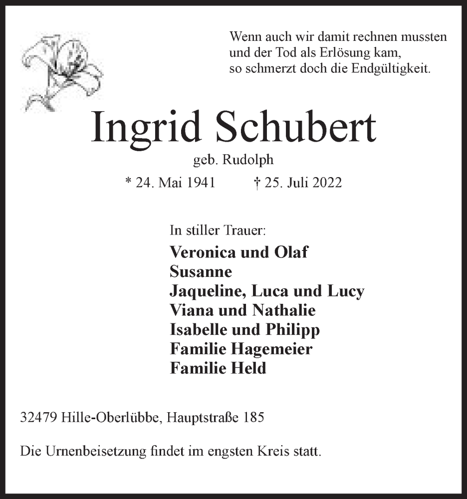  Traueranzeige für Ingrid Schubert vom 30.07.2022 aus Mindener Tageblatt