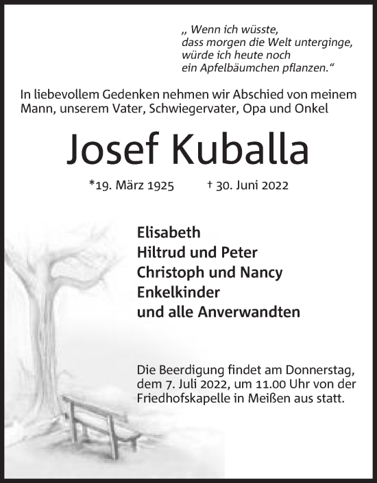 Anzeige von Josef Kuballa von Mindener Tageblatt
