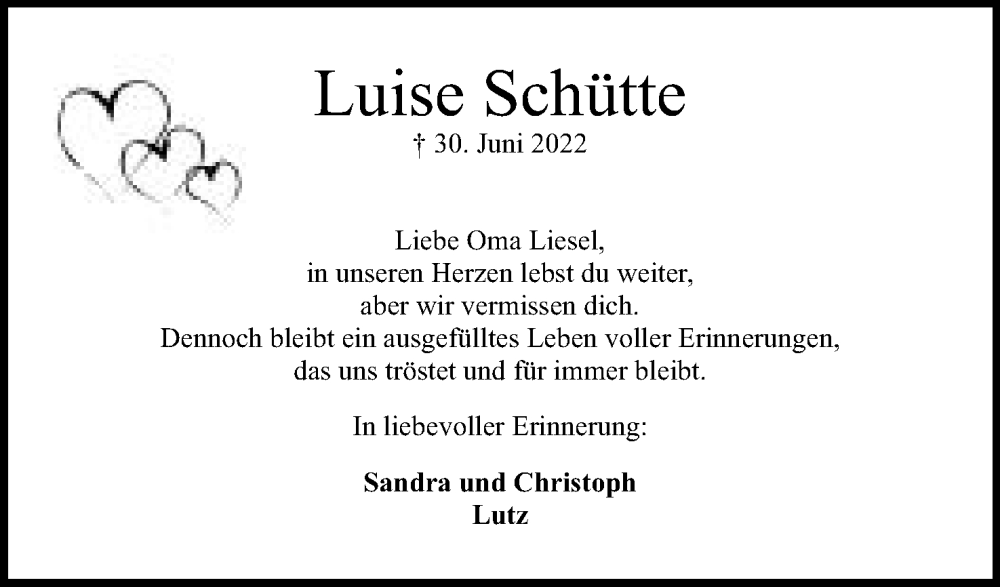  Traueranzeige für Luise Schütte vom 16.07.2022 aus Mindener Tageblatt
