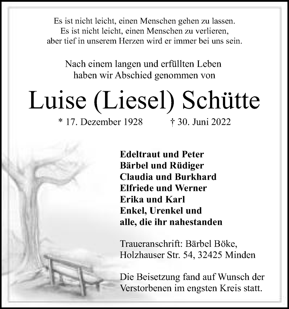  Traueranzeige für Luise Schütte vom 16.07.2022 aus Mindener Tageblatt