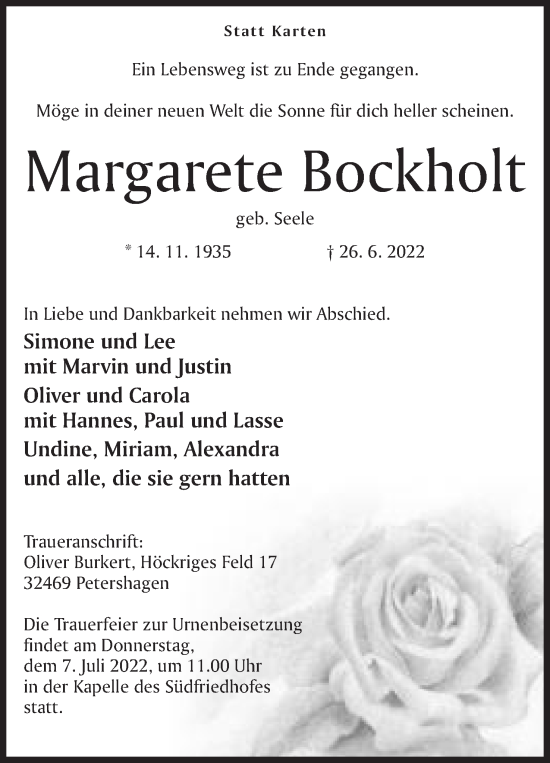 Anzeige von Margarete Bockholt von Mindener Tageblatt