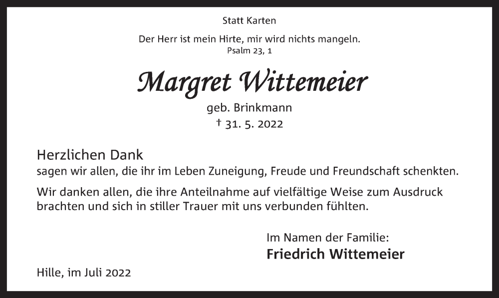  Traueranzeige für Margret Wittemeier vom 16.07.2022 aus Mindener Tageblatt