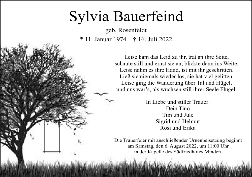  Traueranzeige für Sylvia Bauerfeind vom 30.07.2022 aus Mindener Tageblatt