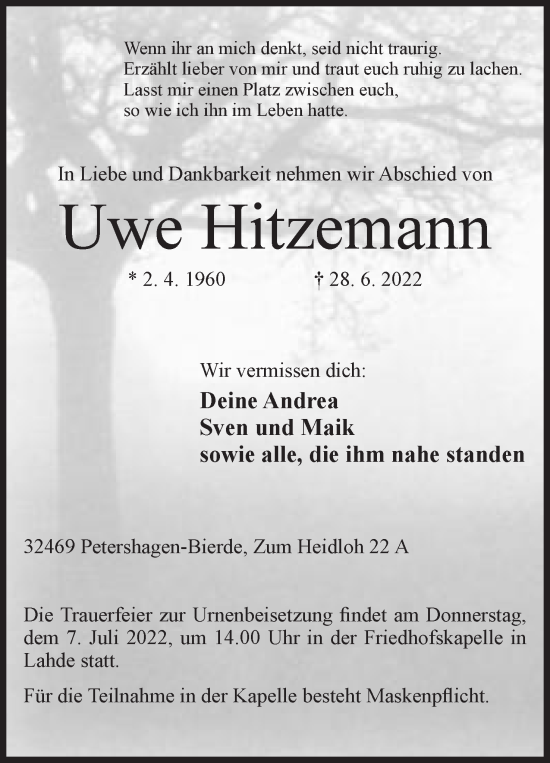 Anzeige von Uwe Hitzemann von Mindener Tageblatt