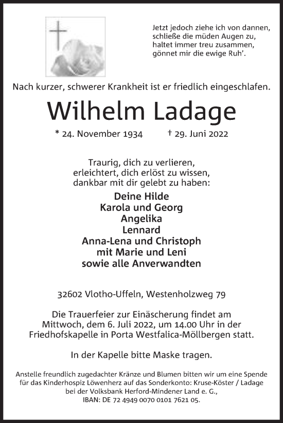 Anzeige von Wilhelm Ladage von Mindener Tageblatt