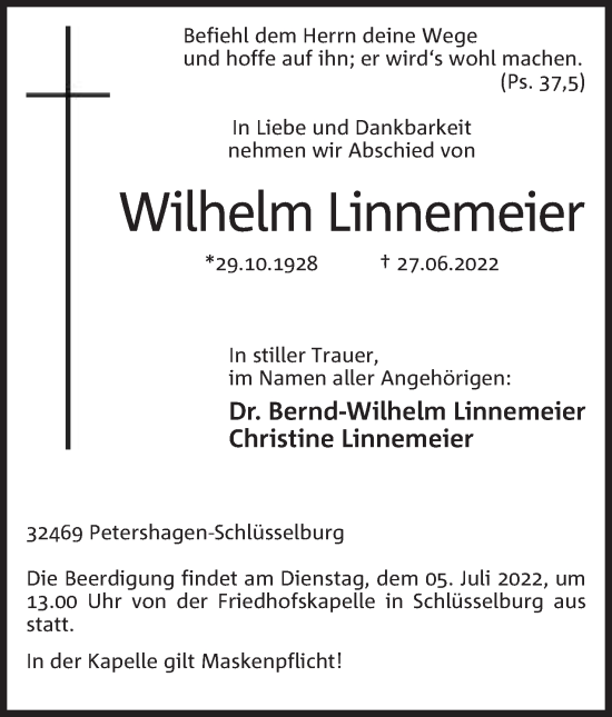 Anzeige von Wilhelm Linnemeier von Mindener Tageblatt