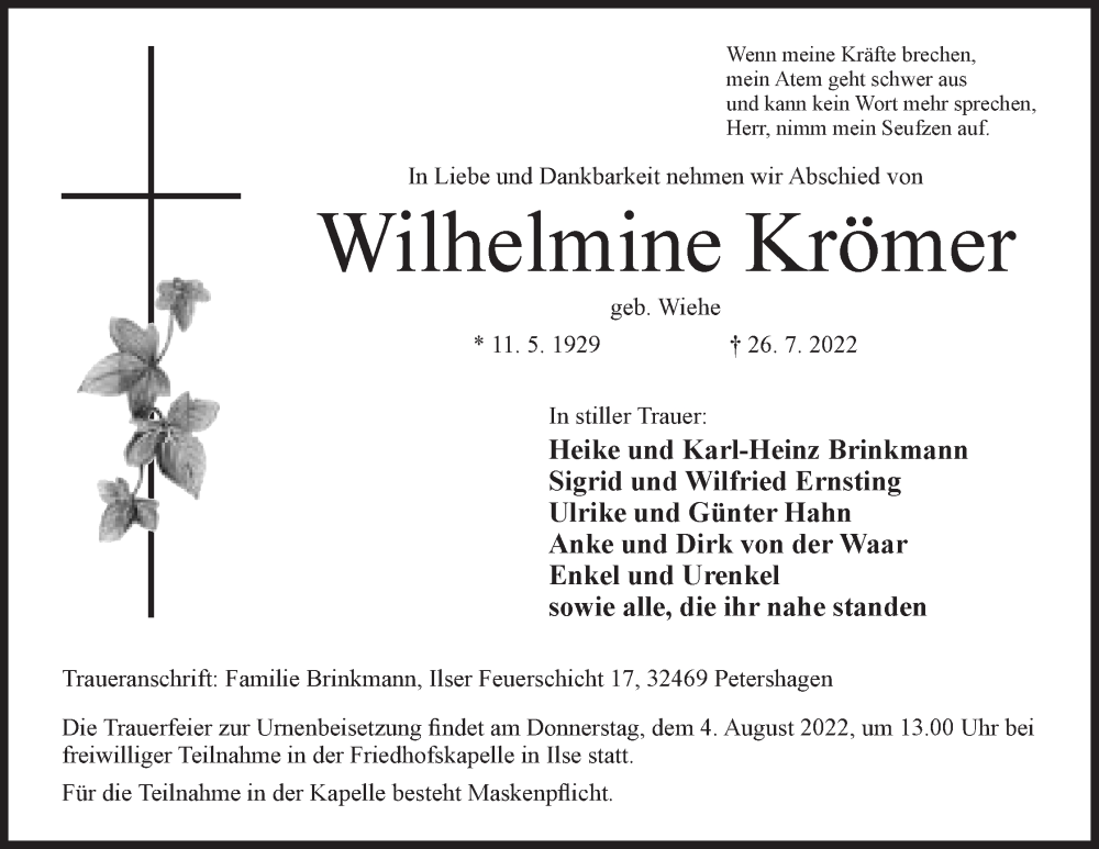  Traueranzeige für Wilhelmine Krömer vom 30.07.2022 aus Mindener Tageblatt