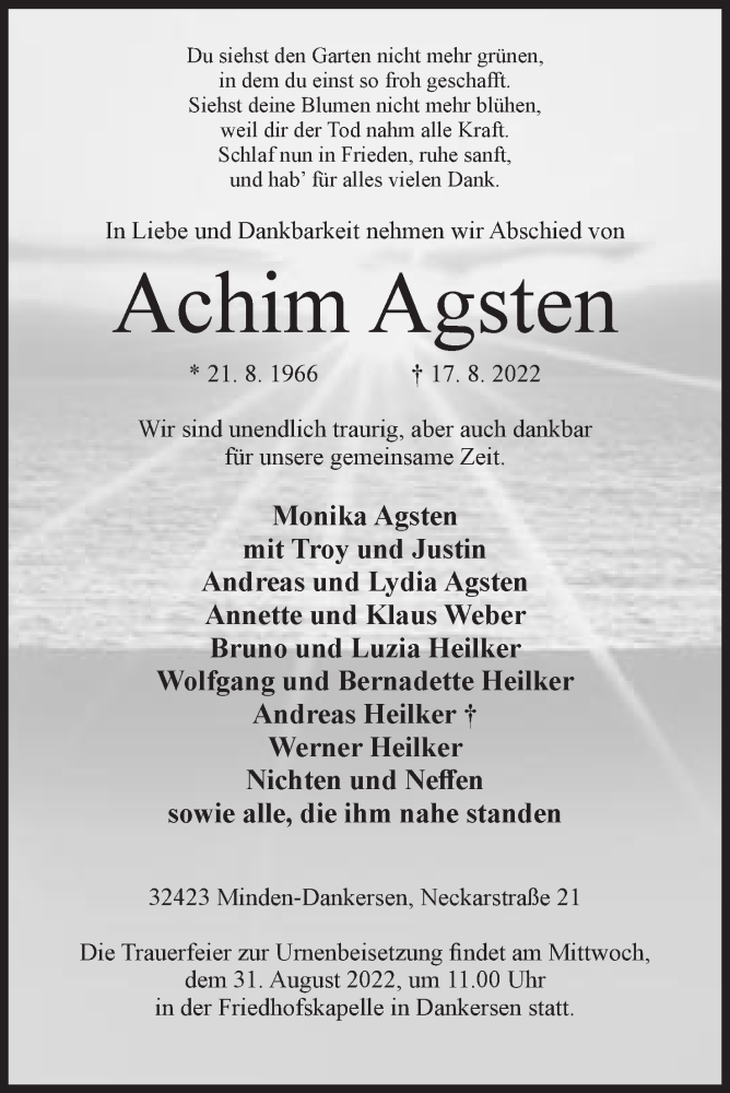  Traueranzeige für Achim Agsten vom 20.08.2022 aus Mindener Tageblatt