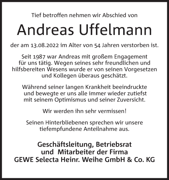 Anzeige von Andreas Uffelmann von Mindener Tageblatt