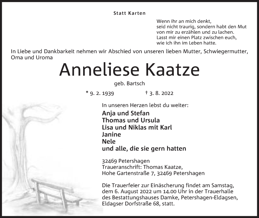  Traueranzeige für Anneliese Kaatze vom 04.08.2022 aus Mindener Tageblatt