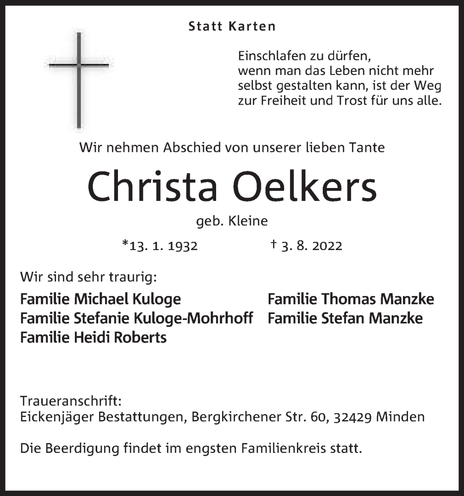  Traueranzeige für Christa Oelkers vom 06.08.2022 aus Mindener Tageblatt