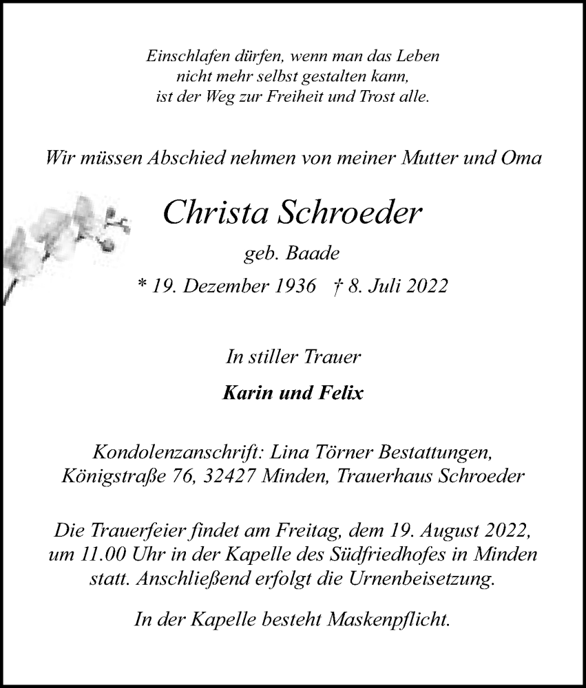  Traueranzeige für Christa Schroeder vom 06.08.2022 aus Mindener Tageblatt