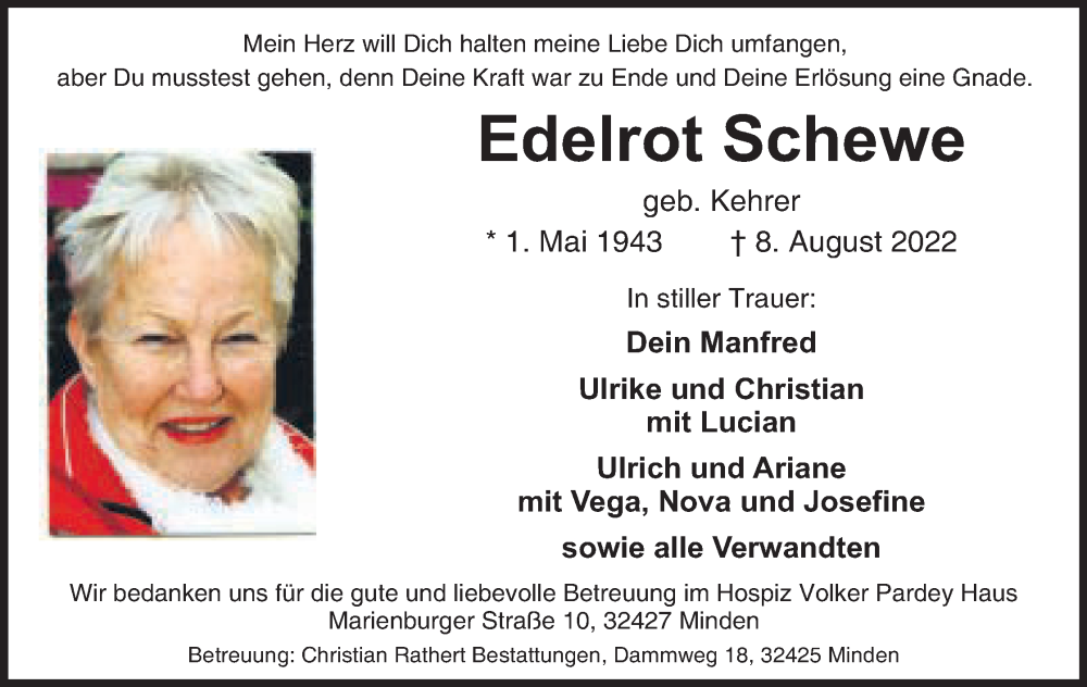  Traueranzeige für Edelrot Schewe vom 13.08.2022 aus Mindener Tageblatt
