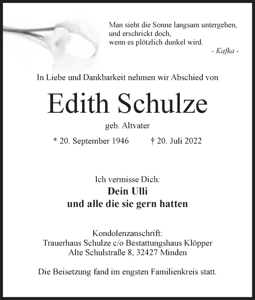  Traueranzeige für Edith Schulze vom 06.08.2022 aus Mindener Tageblatt