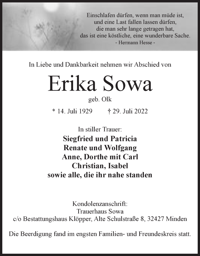  Traueranzeige für Erika Sowa vom 06.08.2022 aus Mindener Tageblatt