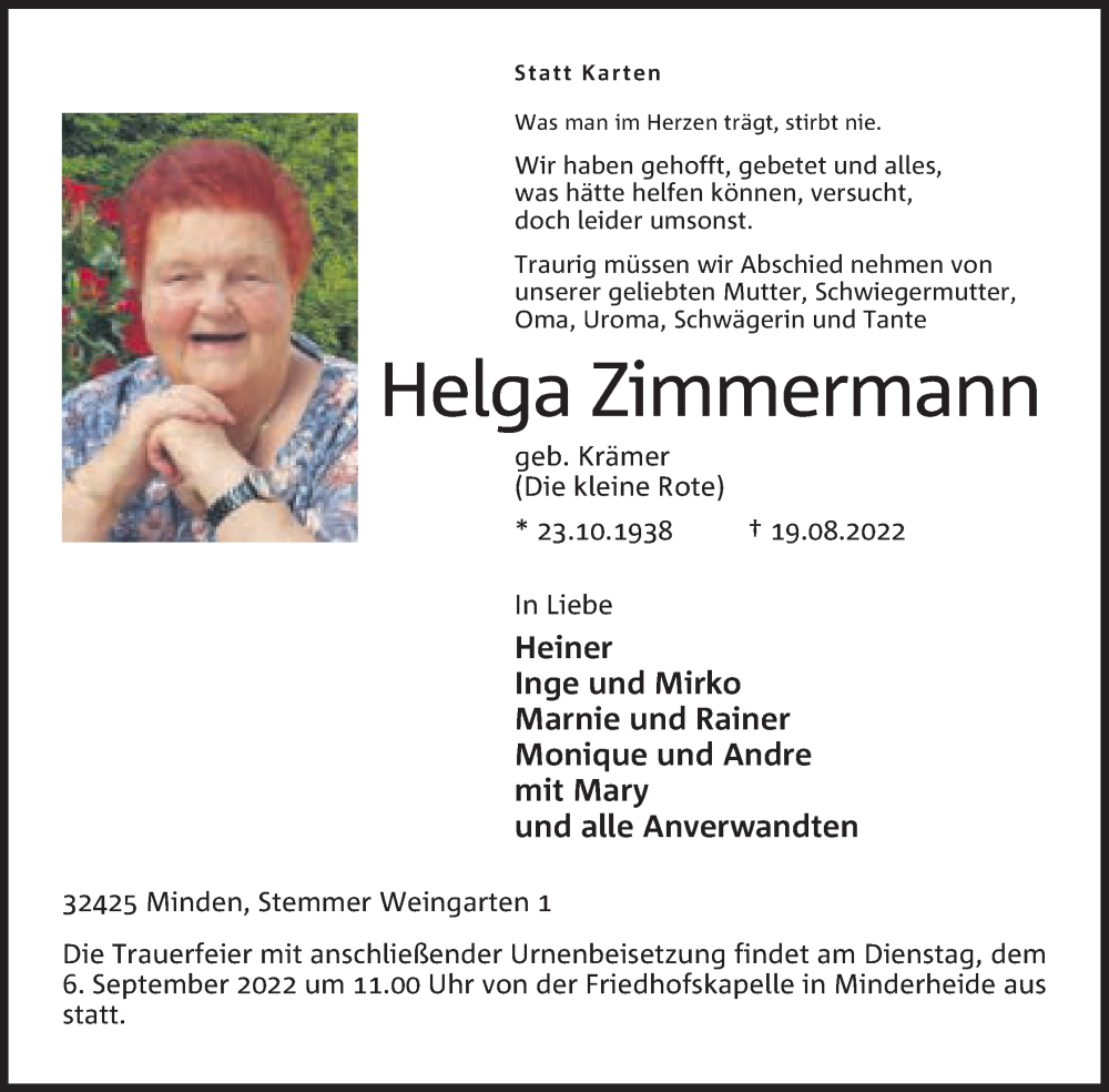  Traueranzeige für Helga Zimmermann vom 27.08.2022 aus Mindener Tageblatt