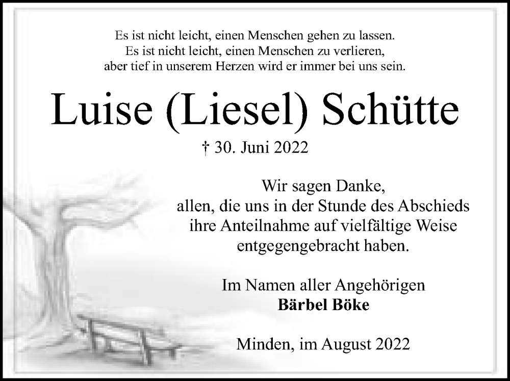  Traueranzeige für Luise Schütte vom 06.08.2022 aus Mindener Tageblatt