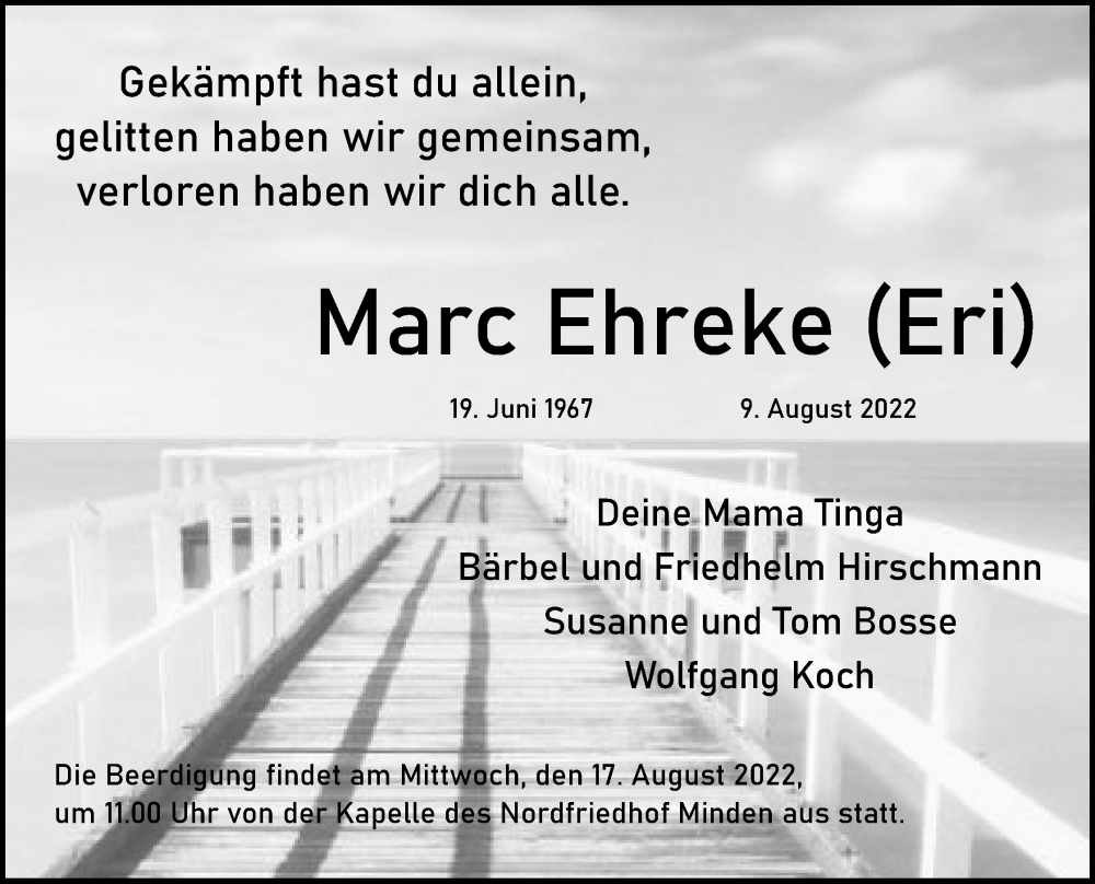  Traueranzeige für Marc Ehreke vom 13.08.2022 aus Mindener Tageblatt