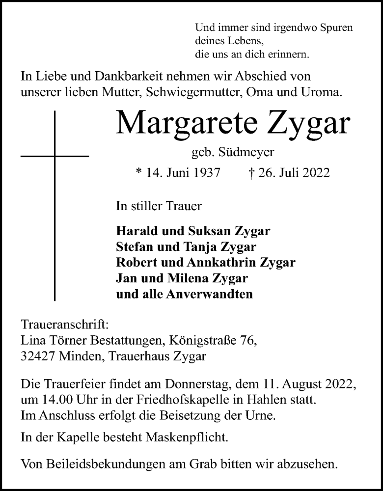  Traueranzeige für Margarete Zygar vom 06.08.2022 aus Mindener Tageblatt