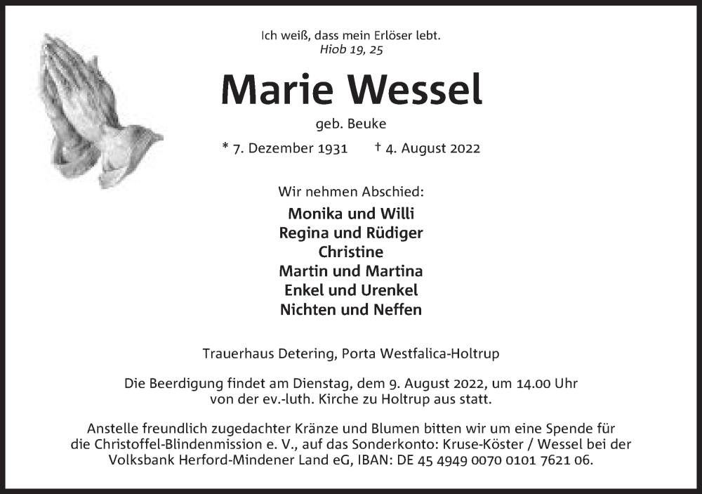  Traueranzeige für Marie Wessel vom 06.08.2022 aus Mindener Tageblatt