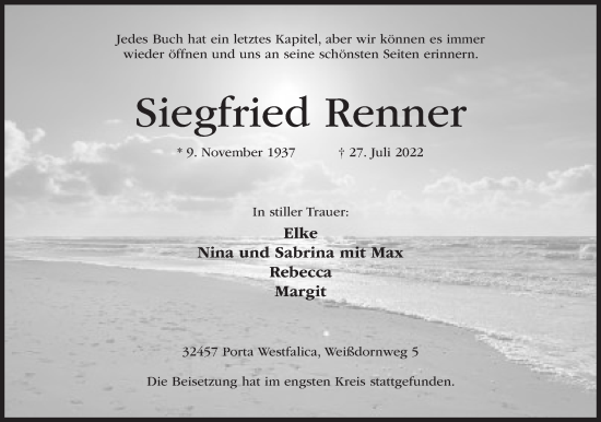 Anzeige von Siegfried Renner von Mindener Tageblatt