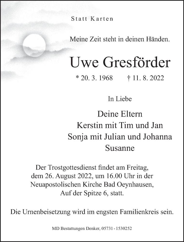  Traueranzeige für Uwe Gresförder vom 20.08.2022 aus Mindener Tageblatt