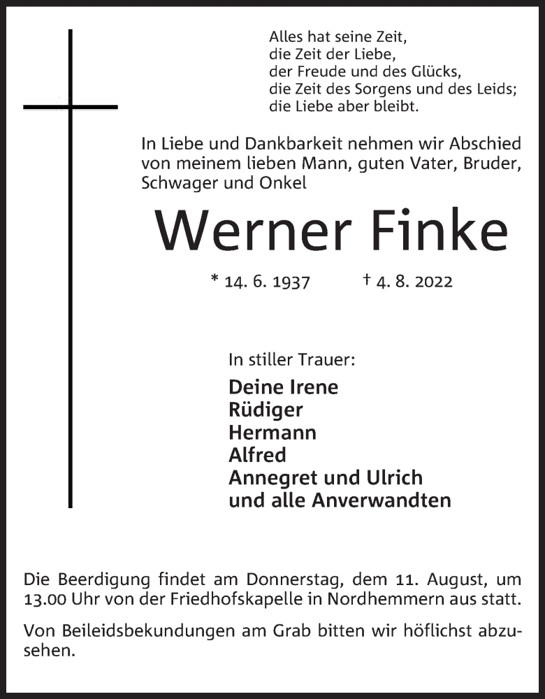  Traueranzeige für Werner Finke vom 06.08.2022 aus Mindener Tageblatt