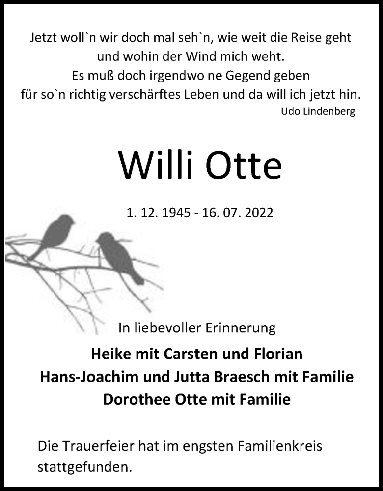  Traueranzeige für Willi Otte vom 06.08.2022 aus Mindener Tageblatt