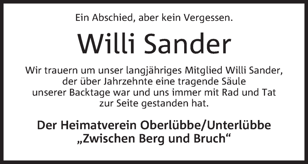  Traueranzeige für Willi Sander vom 04.08.2022 aus Mindener Tageblatt